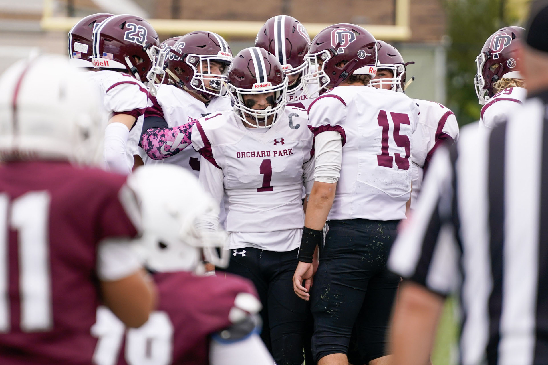 The QB calling the play in the huddle